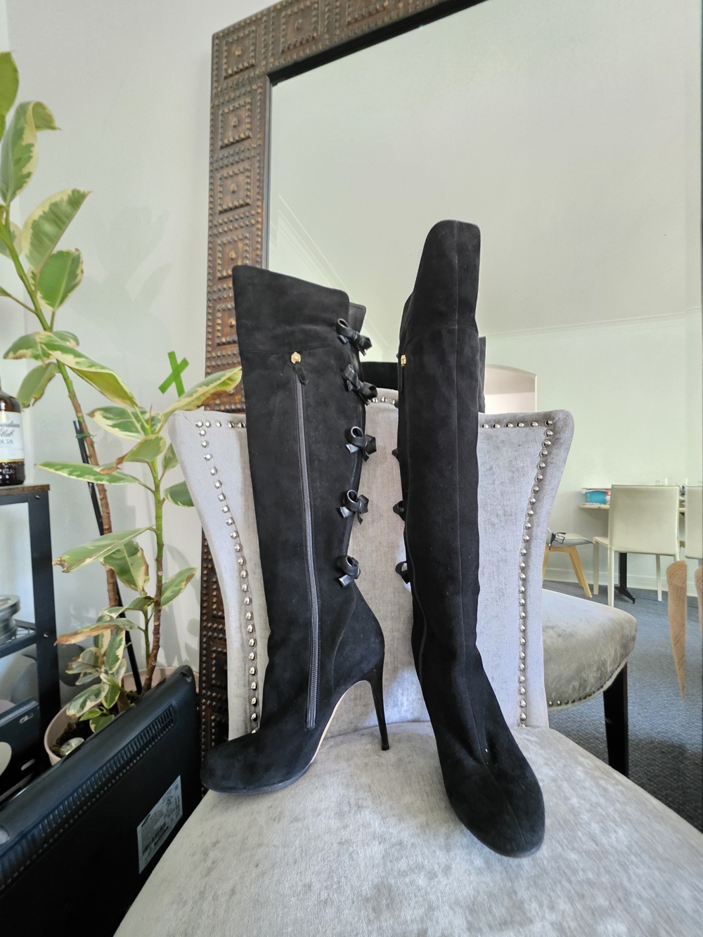 Black Suede Knee-High Stiletto Boots with Back Bow Detail